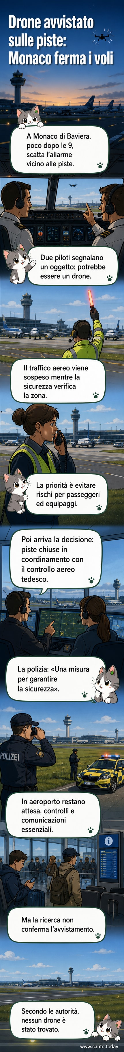 Illustrazione di un aeroporto con luci di emergenza accese e un drone stilizzato sopra le piste, mentre un aereo in lontananza decelera per un atterraggio di emergenza.