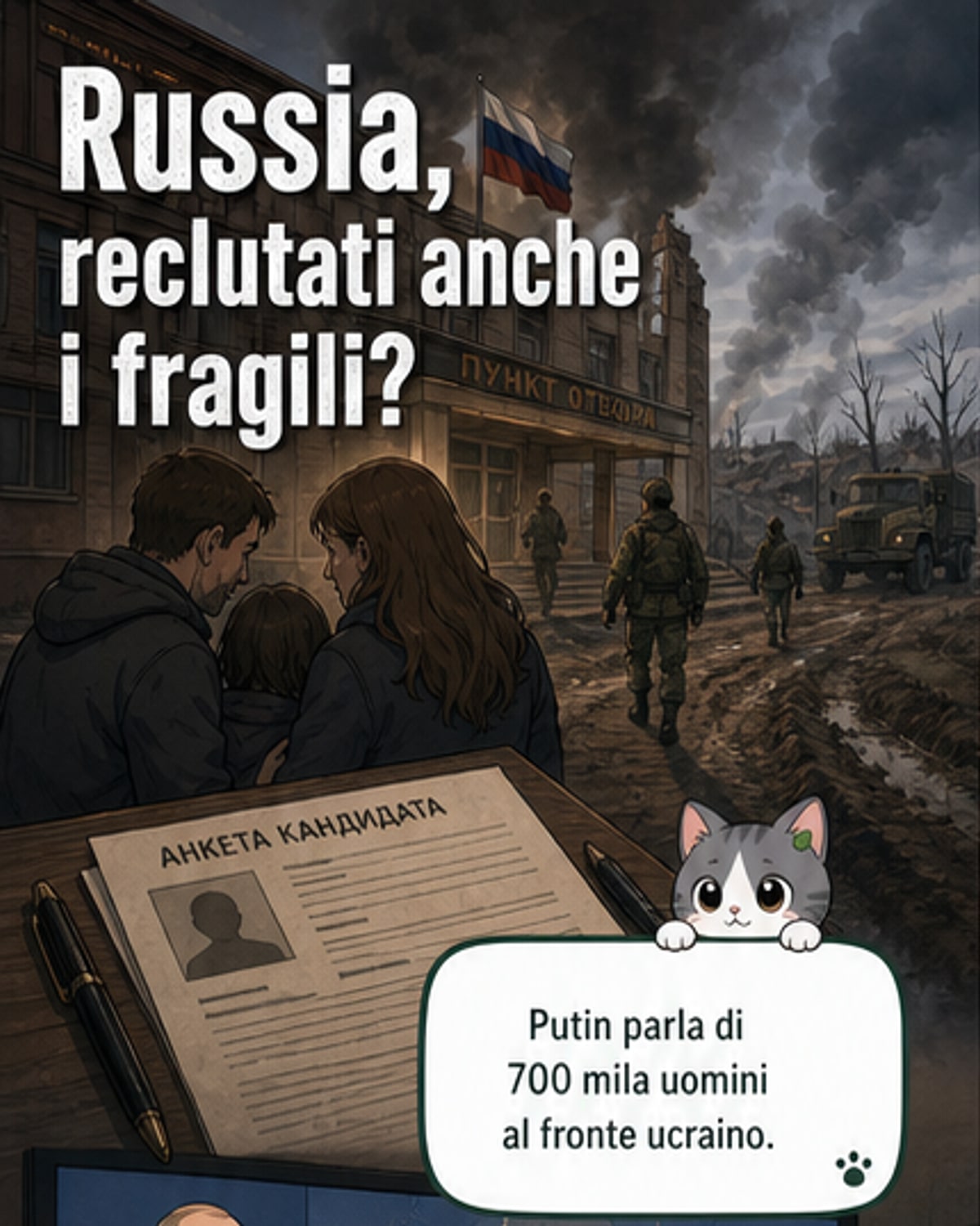 Illustrazione di un giovane uomo con espressione confusa in divisa militare, circondato da documenti medici e timbri falsificati, con lo skyline di Ulyanovsk sullo sfondo.