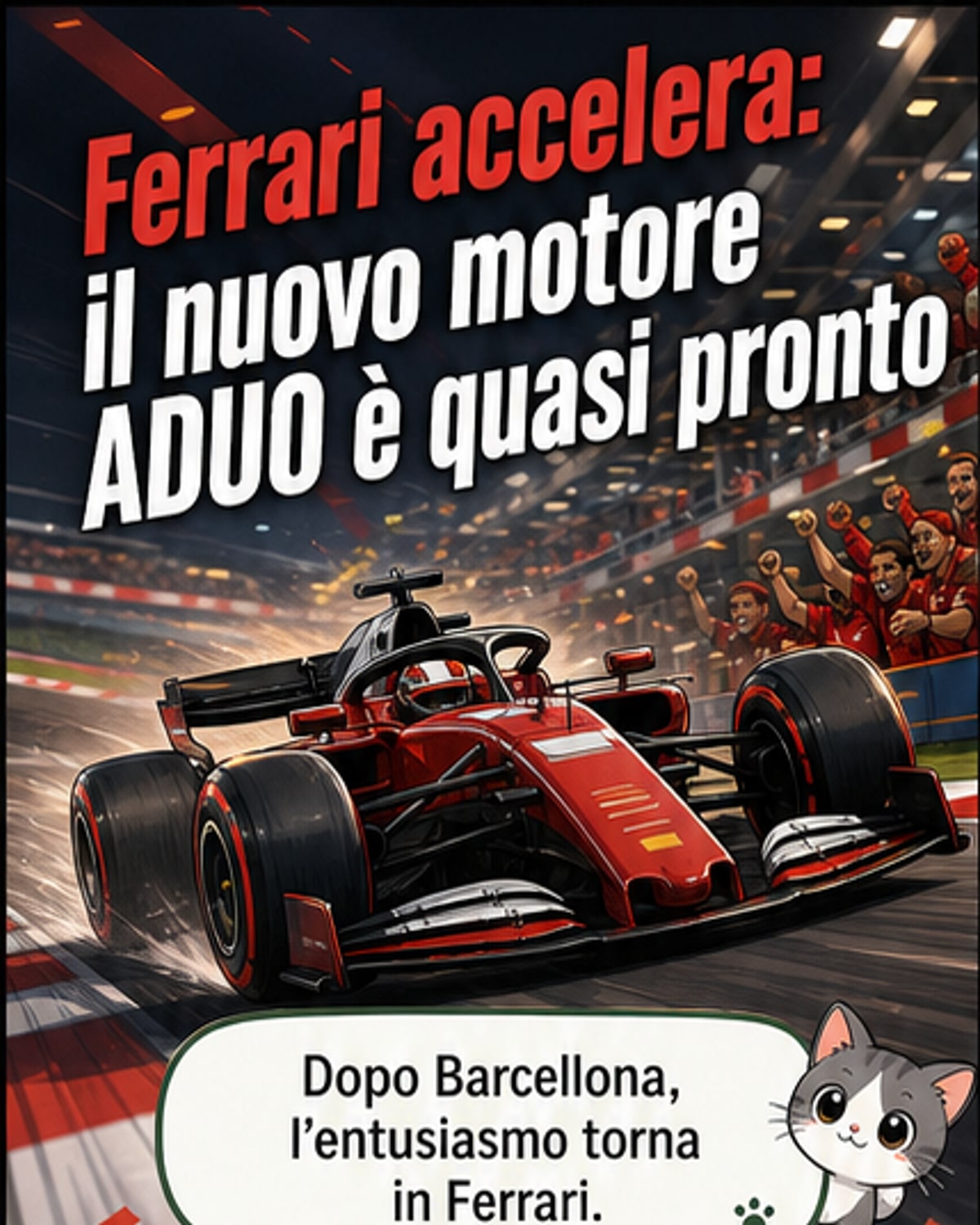 Vista laterale della Ferrari SF-26 in corsa sul circuito di Barcellona, con dettagli tecnici del motore e dell'aerodinamica evidenziati.