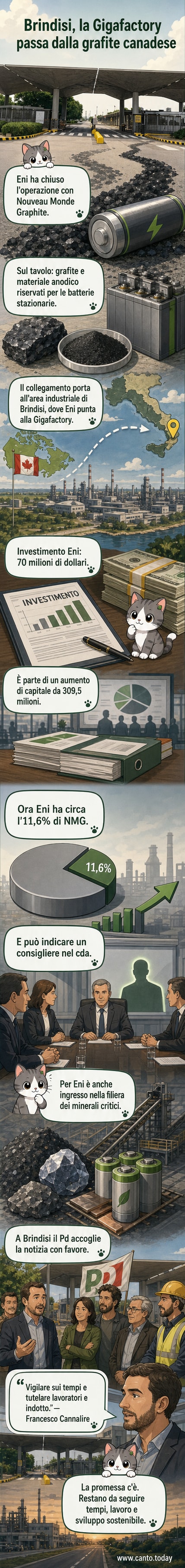 Illustrazione di un impianto industriale con pannelli solari e batterie, con il logo di Eni e grafite stilizzata in primo piano, simbolo della transizione energetica a Brindisi.