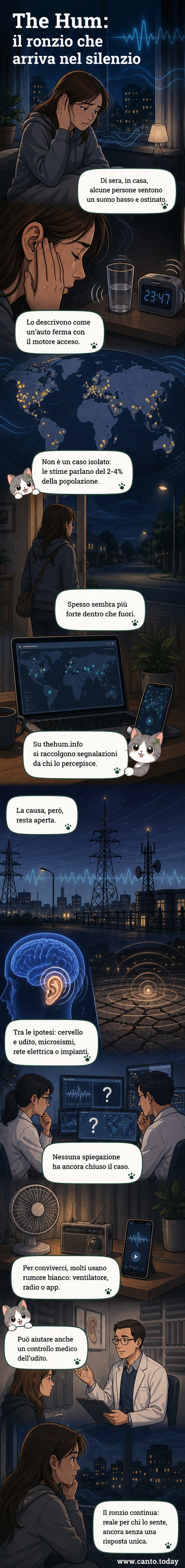 Illustrazione di una persona in una stanza notturna, con un'onda sonora a bassa frequenza che si irradia dalle pareti, mentre fuori è silenzio.