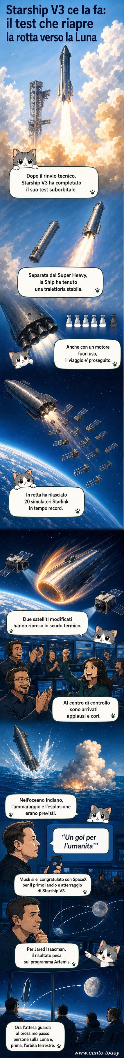 Rappresentazione della Starship V3 durante il volo suborbitale, con separazione dal razzo Super Heavy e rilascio di satelliti, seguita dall'ammaraggio nell'Oceano Indiano.