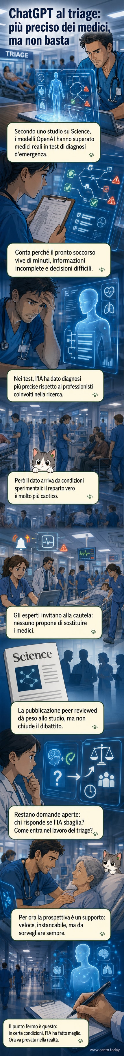 Illustrazione di un medico e un'interfaccia AI che analizzano insieme un caso di emergenza in un pronto soccorso, con grafici e dati che fluttuano tra loro.
