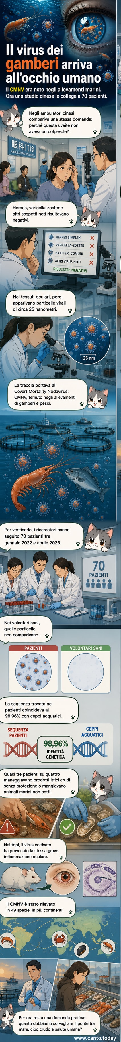 Illustrazione di un occhio umano con particelle virali simili a CMNV che emergono da un gambero, simbolo del salto di specie da oceano a uomo.