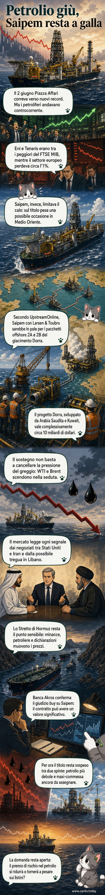 Grafico con andamento contrastante: titoli petroliferi in calo e Saipem stabile, con immagini di piattaforme offshore e mappa del Medio Oriente.