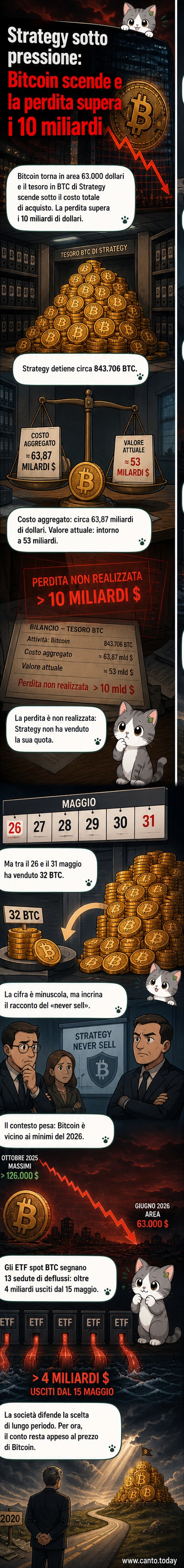 Grafico con freccia in discesa che mostra il calo del prezzo di Bitcoin da 126.000 a 63.000 dollari, con icone di Bitcoin e logo aziendale di Strategy.