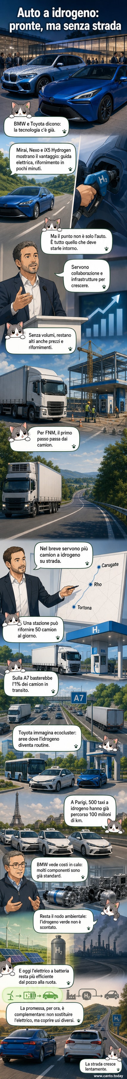 Tre dirigenti di BMW, Toyota e FNM in piedi davanti a un'auto a idrogeno, durante un evento congiunto su mobilità sostenibile