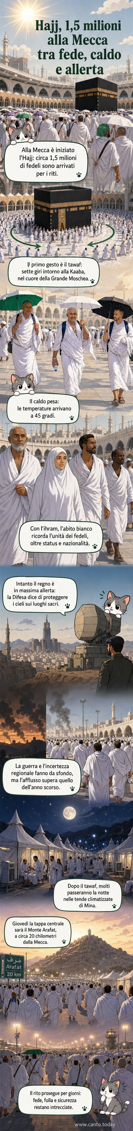 Grande folla di pellegrini vestiti di bianco circonda la Kaaba nella Grande Moschea di La Mecca, con temperature elevate e un cielo terso visibile in alto.