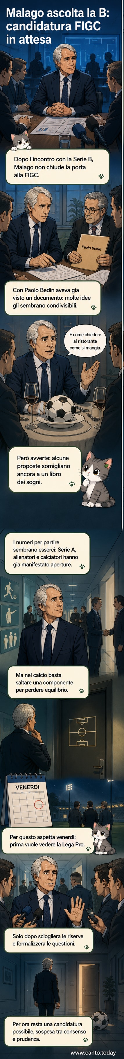 Illustrazione di Giovanni Malagò che parla con rappresentanti di squadre di calcio, con un documento sul tavolo e un pallone in primo piano.