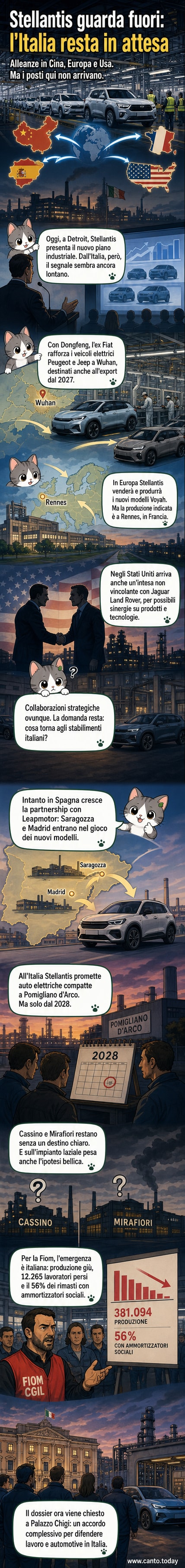 Illustrazione di un'auto elettrica con bandiere di Cina, Usa e Francia, mentre uno stabilimento in Italia è chiuso con un cartello 'in attesa'.