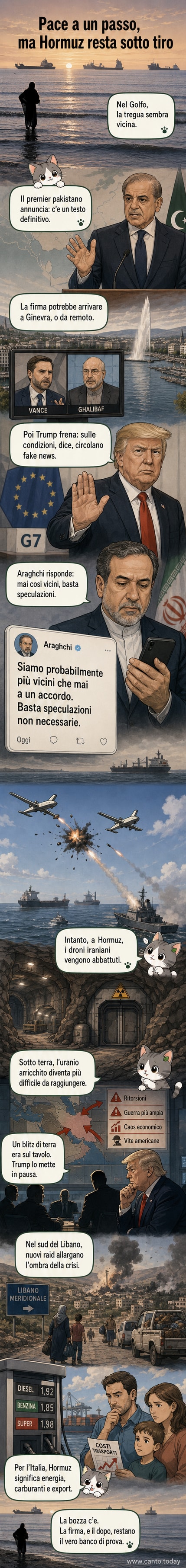 Un pannello illustrato mostra lo Stretto di Hormuz con navi commerciali, droni in volo e un'icona di accordo tra Usa e Iran in bilico su una bilancia.