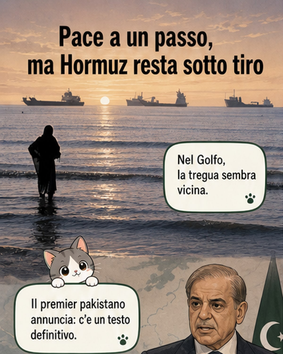 Un pannello illustrato mostra lo Stretto di Hormuz con navi commerciali, droni in volo e un'icona di accordo tra Usa e Iran in bilico su una bilancia.