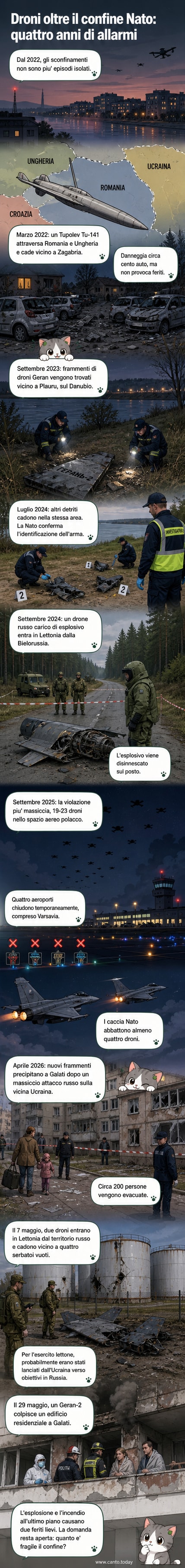 Mappa dell'Europa orientale con frecce che indicano traiettorie di droni militari che hanno violato i confini di Paesi Nato come Romania, Lettonia e Polonia dal 2022.