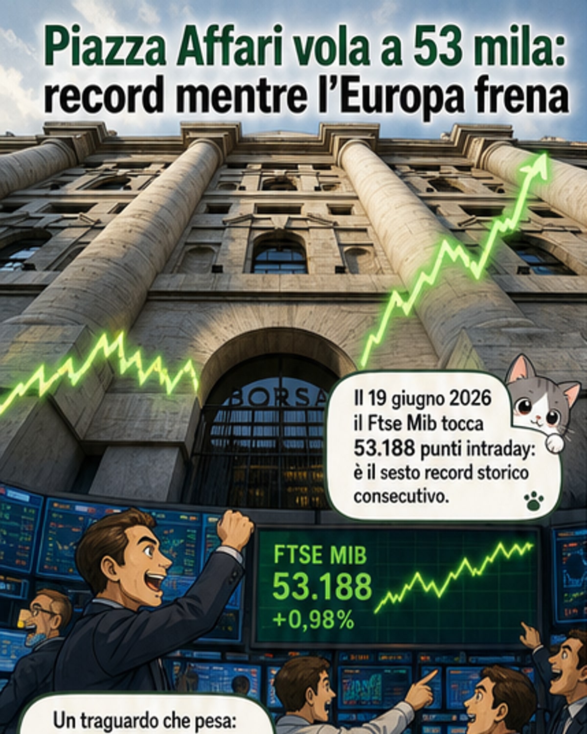 Grafico del Ftse Mib che supera i 53.000 punti, con icone di banche, chip e petrolio che simboleggiano i settori trainanti
