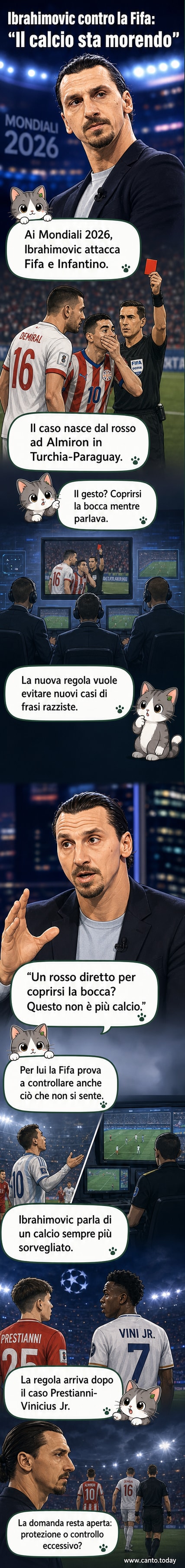 Illustrazione di Zlatan Ibrahimovic che parla in diretta tv, con lo sfondo di un campo da calcio e la scritta FIFA, mentre indica un cartellino rosso.
