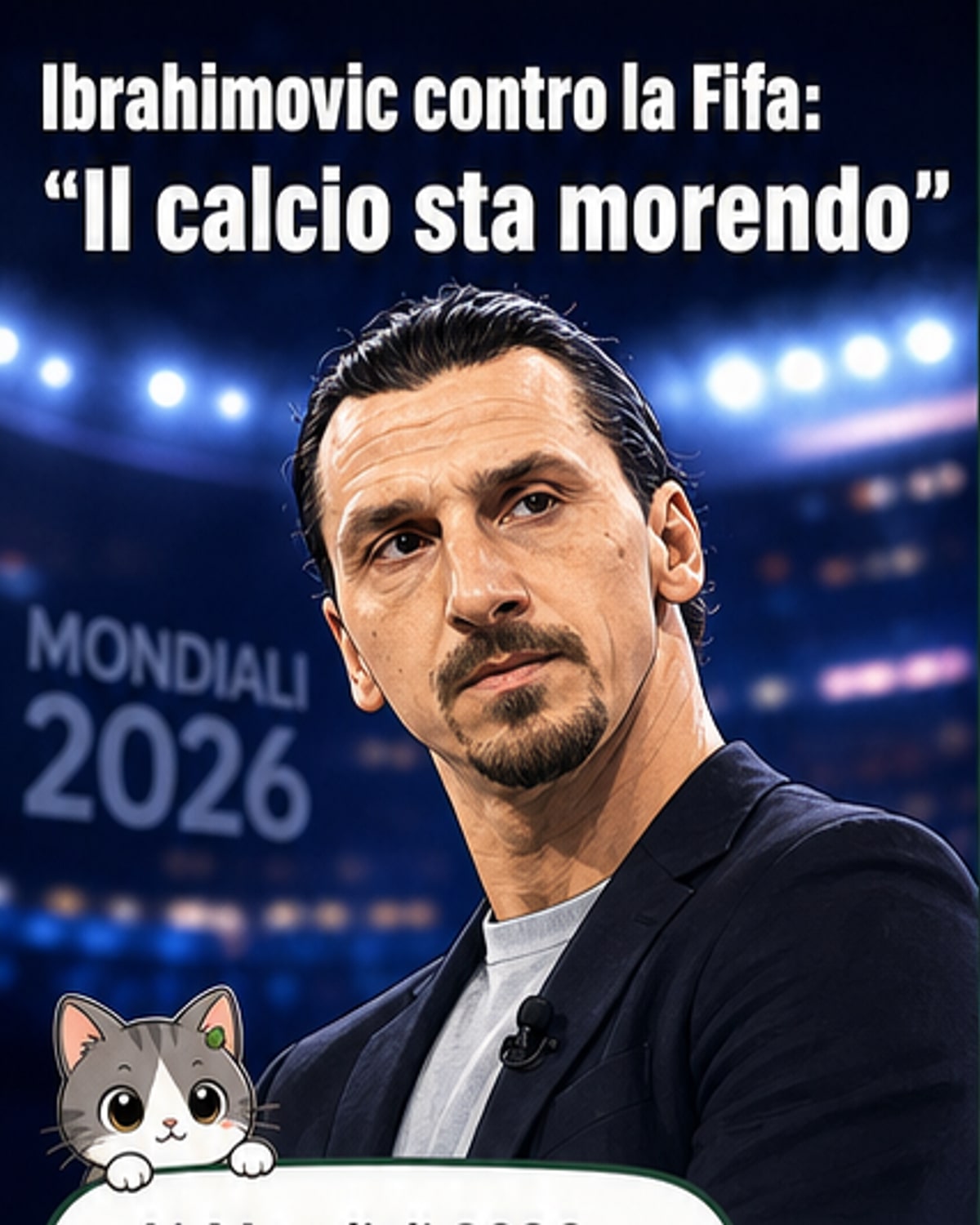 Illustrazione di Zlatan Ibrahimovic che parla in diretta tv, con lo sfondo di un campo da calcio e la scritta FIFA, mentre indica un cartellino rosso.
