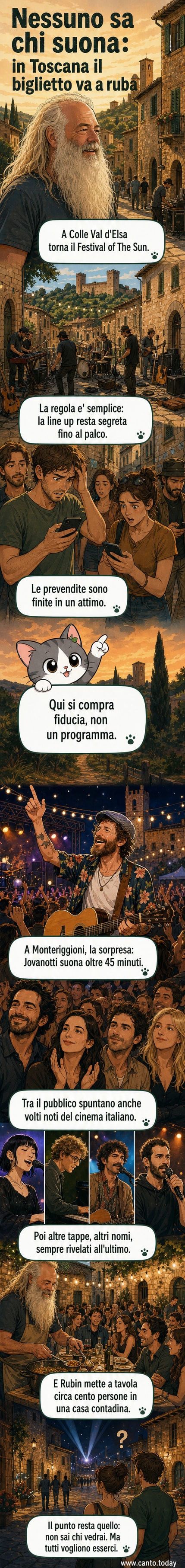 Un festival musicale notturno in un borgo toscano con luci calde, pubblico in attesa e palco illuminato tra antiche mura di pietra.