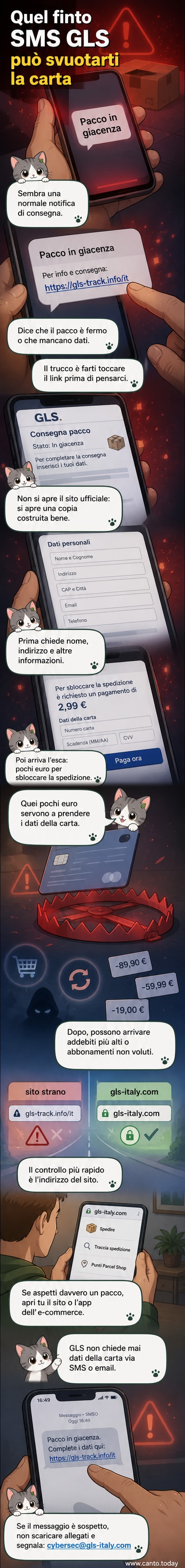 Illustrazione di un telefono con SMS che mostra una notifica di consegna GLS, con un'icona di allerta che appare dopo il tap su un link sospetto.