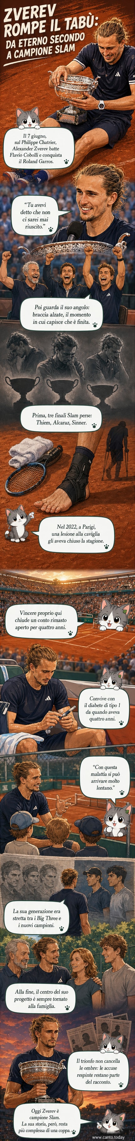 Alexander Zverev alza la Coppa dei Moschettieri a Roland Garros 2026, con le braccia al cielo e il volto emozionato, mentre il pubblico applaude.
