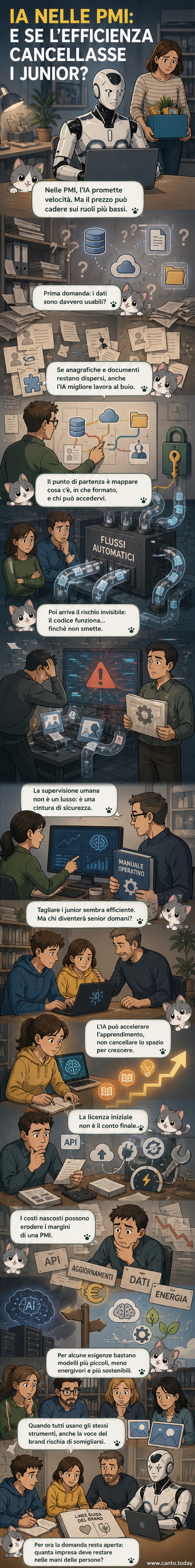 Illustrazione di un'impresa italiana con lavoratori junior e sistemi di intelligenza artificiale che interagiscono, con icone di dati, circuiti e documenti che fluttuano nell'aria.