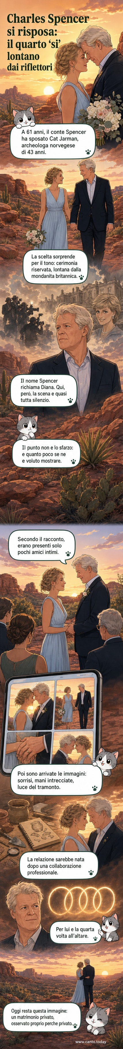 Charles Spencer e Cat Jarman si tengono per mano al tramonto durante il loro matrimonio nel deserto dell'Arizona
