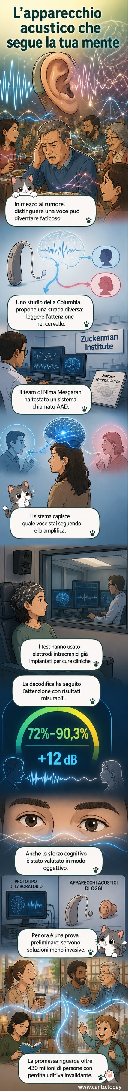 Illustrazione di una persona con apparecchio acustico mentre onde sonore e segnali cerebrali convergono verso un dispositivo che filtra una voce in mezzo al rumore.