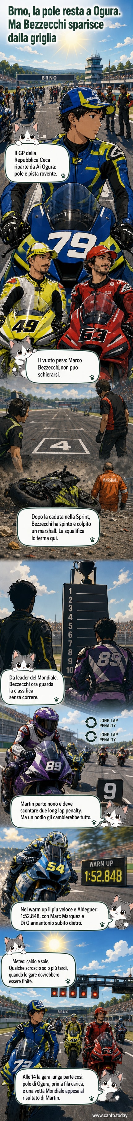 Griglia di partenza del GP di Brno con Bezzecchi assente per squalifica, Ogura in pole position e Bagnaia in terza posizione