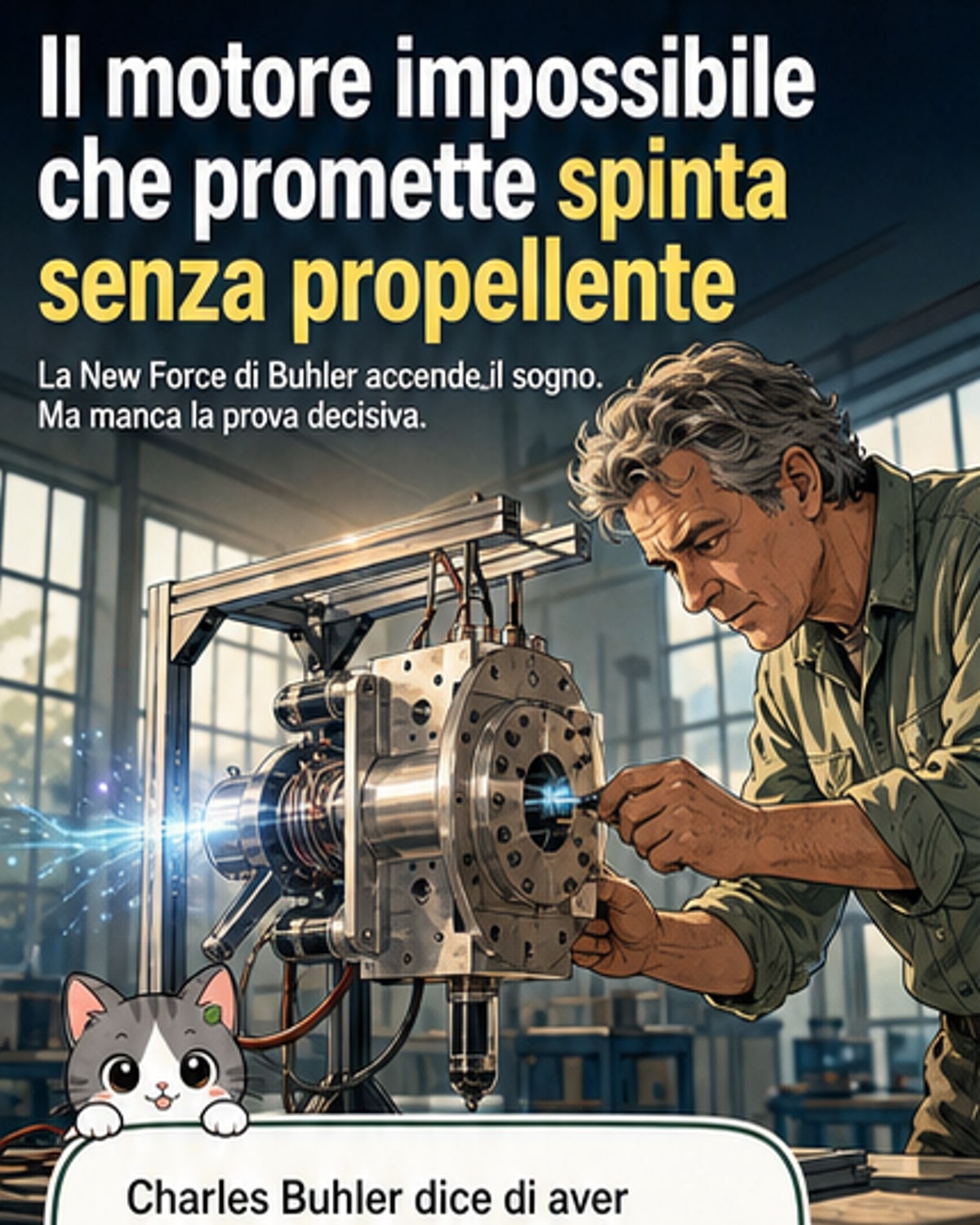 Illustrazione di un motore spaziale che emette campi elettrici senza espellere propellente, con grafici scientifici sullo sfondo.