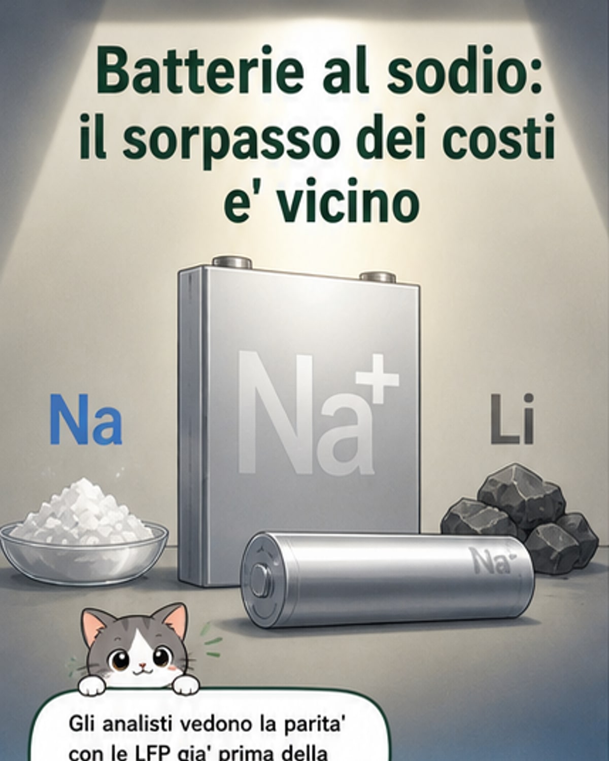 Rappresentazione visiva di una batteria agli ioni di sodio con struttura interna semplificata, accanto a una batteria LFP, con indicazione dei materiali chiave come sodio e ferro fosfato.