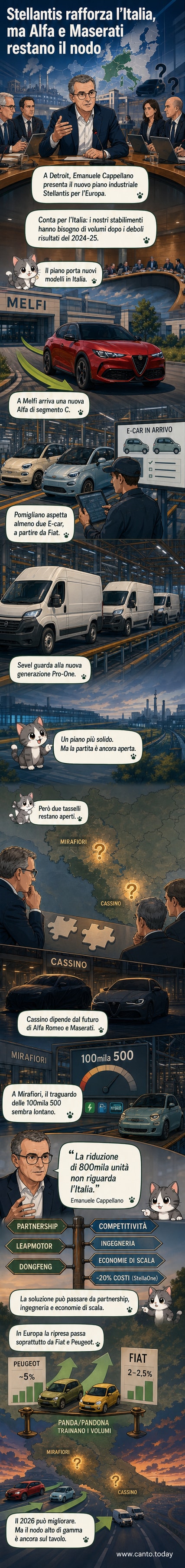 Illustrazione di un'auto Alfa Romeo e un'auto Maserati su un circuito con lo stabilimento di Cassino sullo sfondo, con icone di domanda sui due marchi.