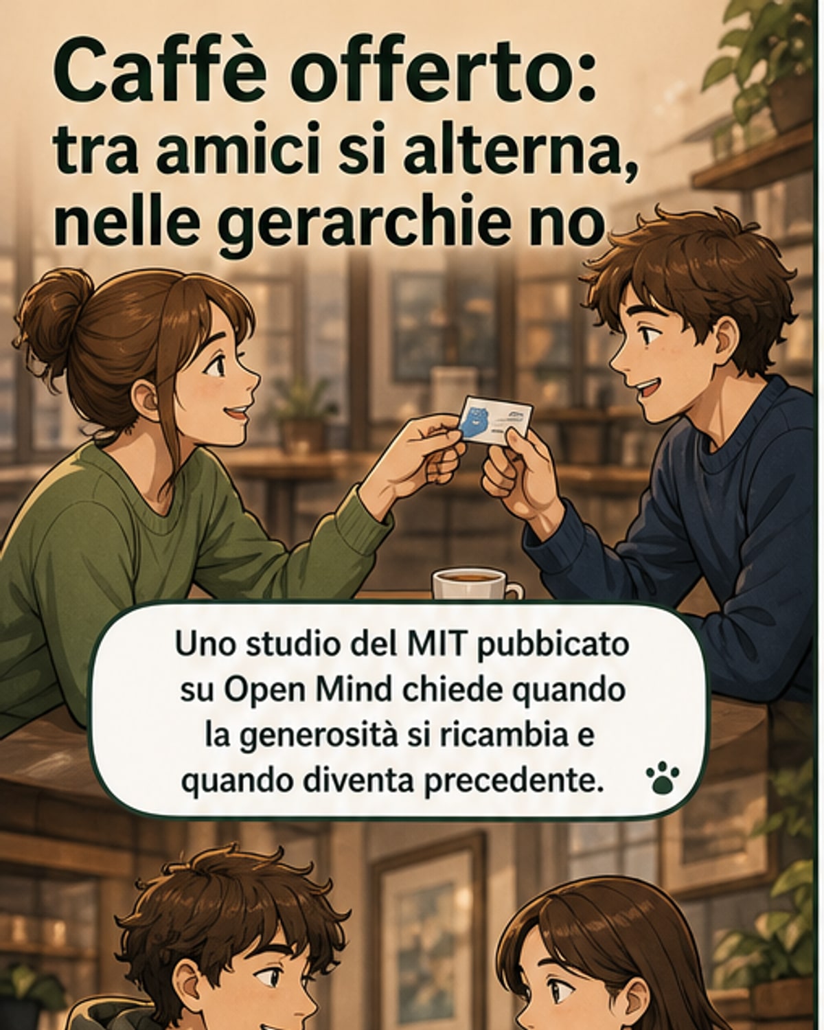 Illustrazione di due persone che si scambiano un caffè: in un caso tra pari con frecce alternate, nell'altro tra capo e dipendente con una freccia unidirezionale.