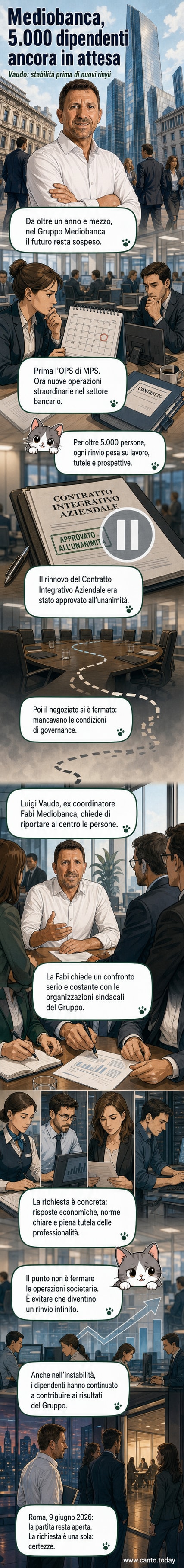 Illustrazione di un gruppo di lavoratori bancari in attesa davanti alla sede di Mediobanca, con un cartello che recita 'Stabilità Ora'.