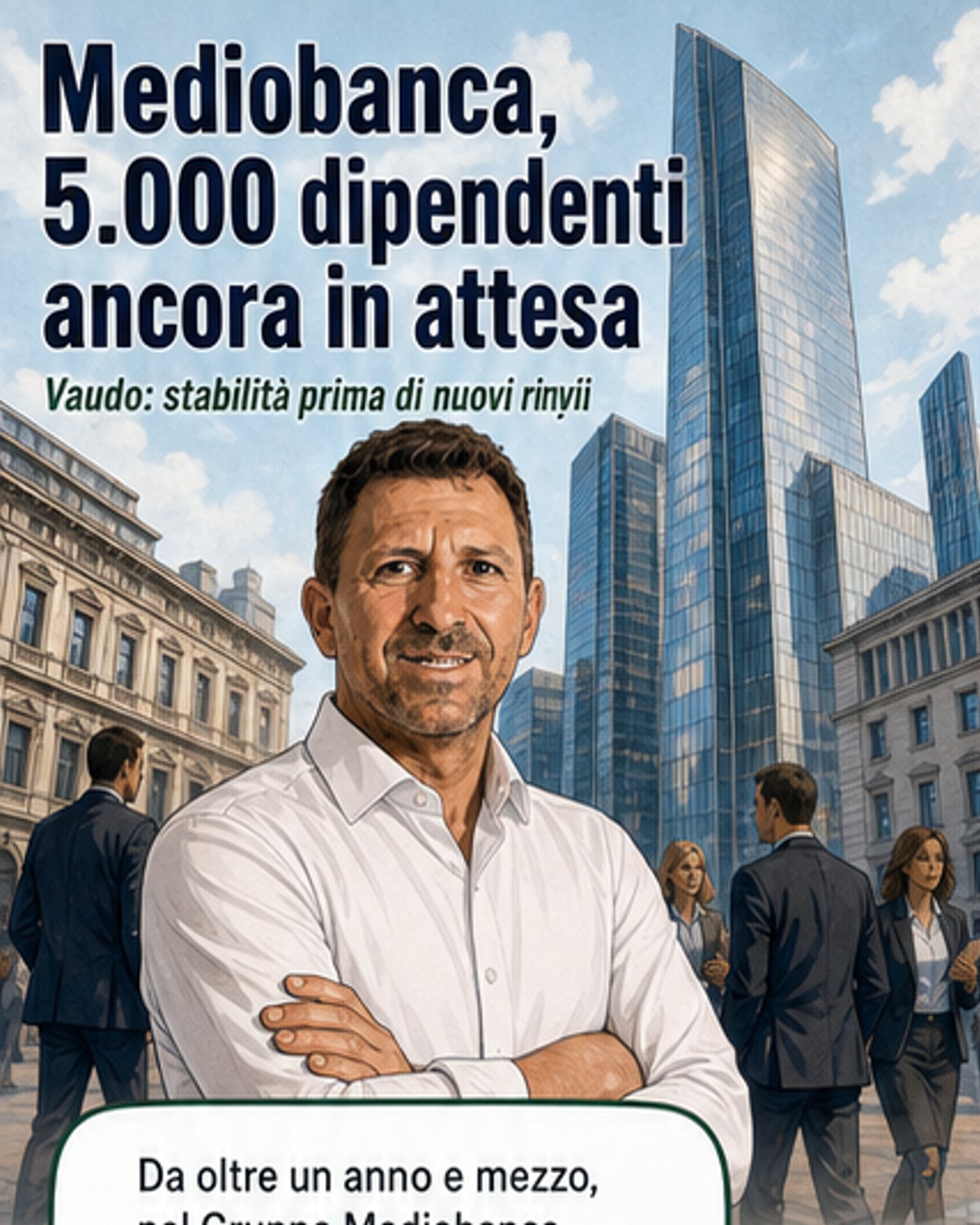 Illustrazione di un gruppo di lavoratori bancari in attesa davanti alla sede di Mediobanca, con un cartello che recita 'Stabilità Ora'.