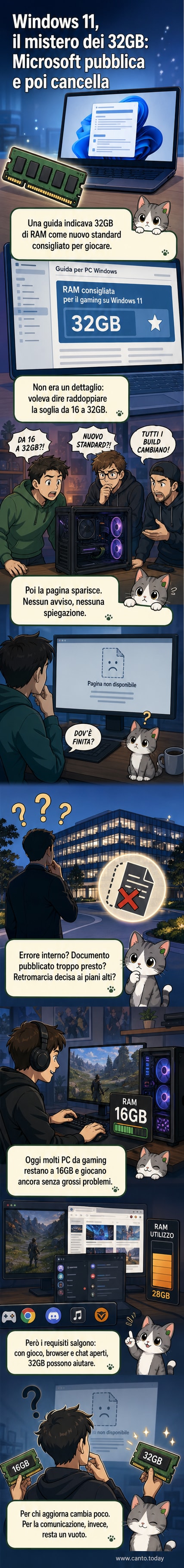 Illustrazione di una finestra di Windows 11 che scompare da una bacheca tecnica, con moduli di RAM visibili in trasparenza e un punto interrogativo sopra.