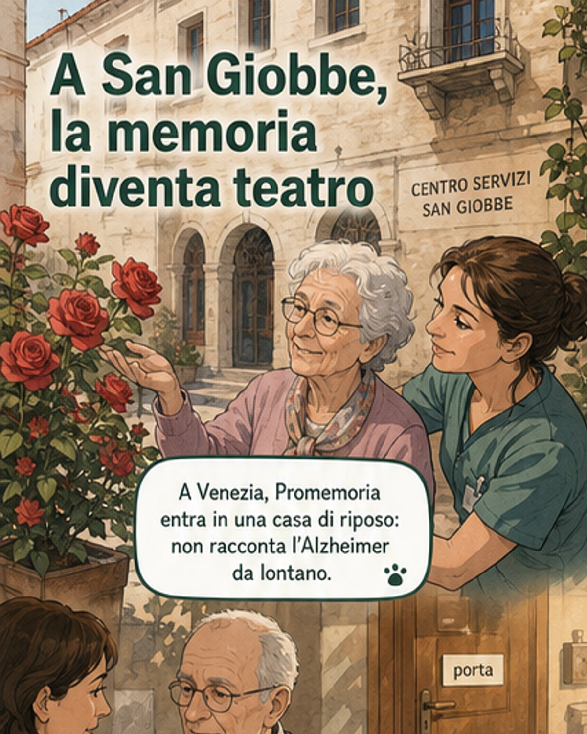 Un anziano e un performer si scambiano un sorriso in un chiostro durante lo spettacolo Promemoria, parte della Biennale di Venezia.