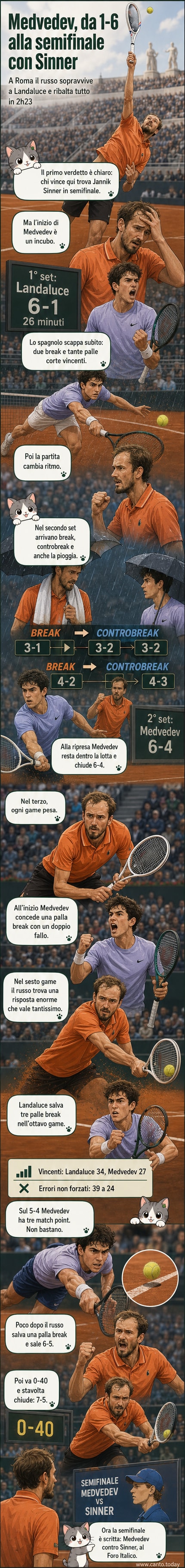 Illustrazione di Daniil Medvedev che celebra la vittoria al termine del match contro Martin Landaluce agli Internazionali d'Italia 2026, con il pubblico del Foro Italico sullo sfondo.