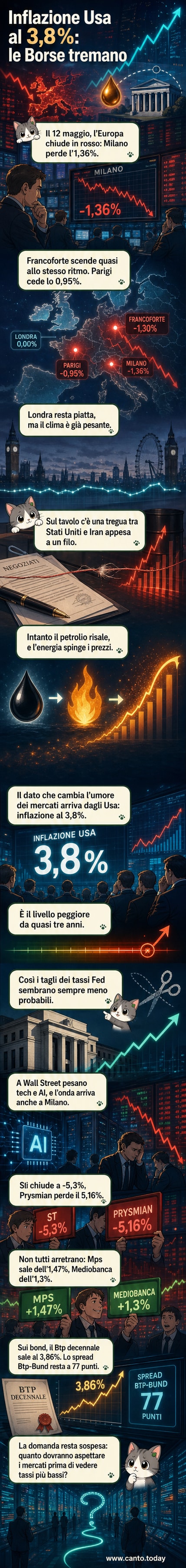 Grafico con frecce in calo su schermi di borsa, con dati inflazionistici USA in evidenza e petrolio in rialzo