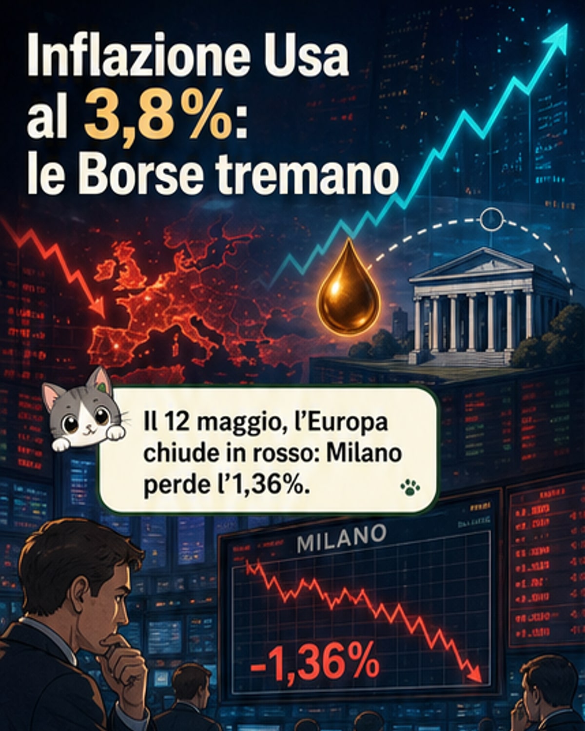 Inflazione Usa al 3,8%, borse in rosso