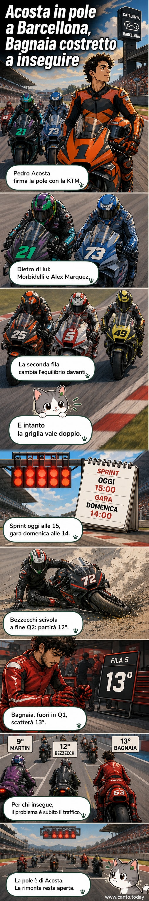 Griglia di partenza della MotoGP a Barcellona con Pedro Acosta in prima posizione, seguito da Morbidelli e Alex Marquez.