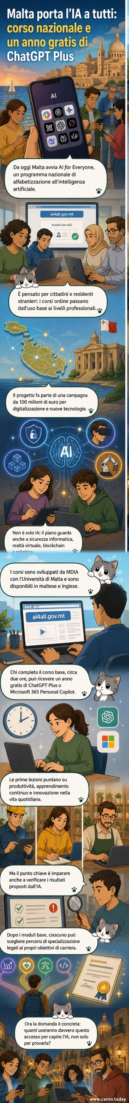 Un'illustrazione che mostra un cittadino maltese che completa un corso sull'intelligenza artificiale su un tablet, con icone di AI, ChatGPT e Microsoft 365 che fluttuano intorno, e la bandiera di Malta in background.