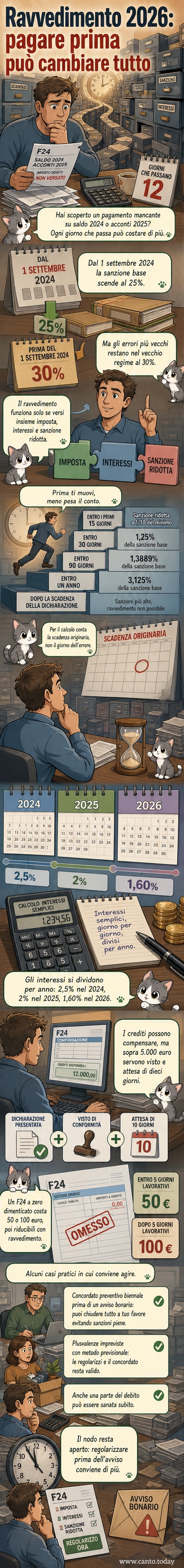 Illustrazione di una persona che compila un modulo fiscale con scadenze e percentuali di sanzione che fluttuano intorno, mentre un calendario mostra date chiave tra il 2024 e il 2026.