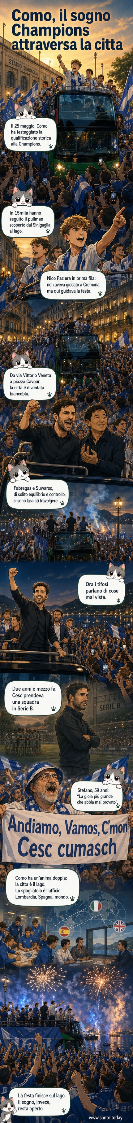 Tifosi del Como esultano durante una parata trionfale per la qualificazione in Champions League, con Nico Paz e Cesc Fabregas sul pullman scoperto in mezzo alla folla festante.