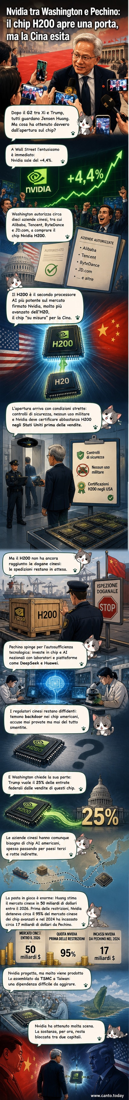 Illustrazione di un chip Nvidia con il dragone cinese che lo osserva da vicino, simbolo della tensione tecnologica tra Stati Uniti e Cina.
