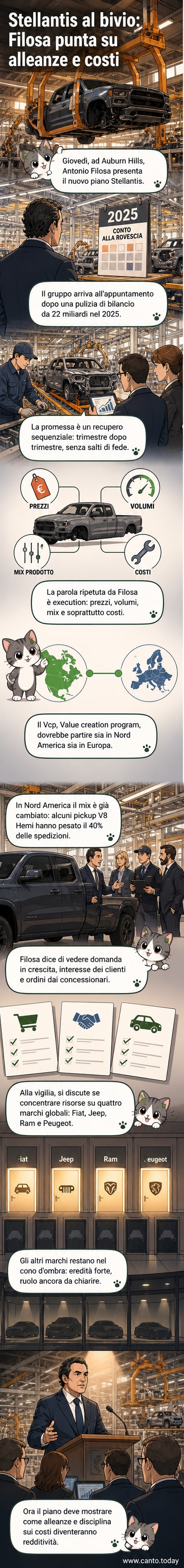 Illustrazione di un'auto Stellantis in un'officina con grafici di bilancio e icone di marchi come Jeep, Fiat e Peugeot in background.