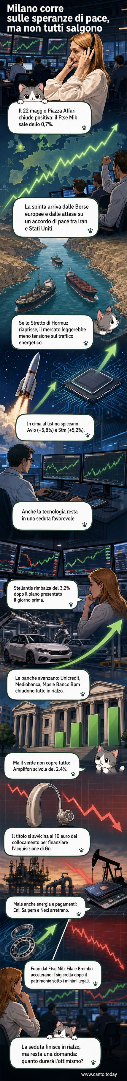 Illustrazione di una borsa valori con grafici in rialzo, aziende italiane come Avio e Stm in evidenza, e un giornale con titolo su un accordo di pace tra Iran e Stati Uniti.
