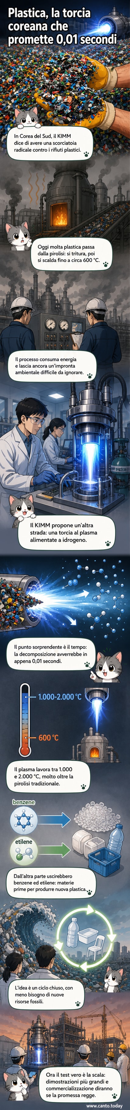 Illustrazione di una torcia al plasma che trasforma bottiglie di plastica in gas chimici utili, con temperature estreme e tempi istantanei indicati visivamente