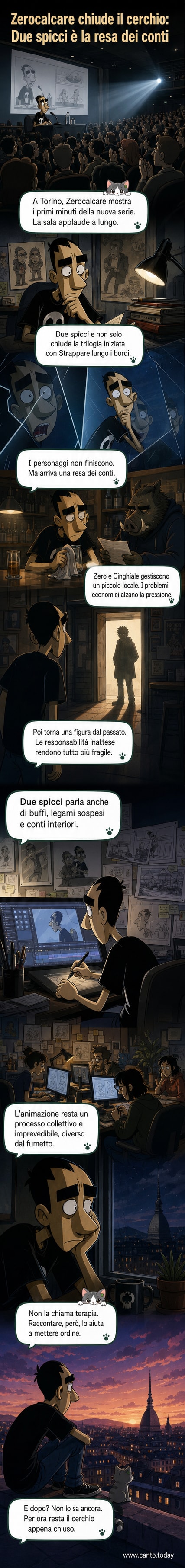 Zerocalcare sul palco del Salone del Libro di Torino, con immagini della serie 'Due spicci' proiettate alle sue spalle.
