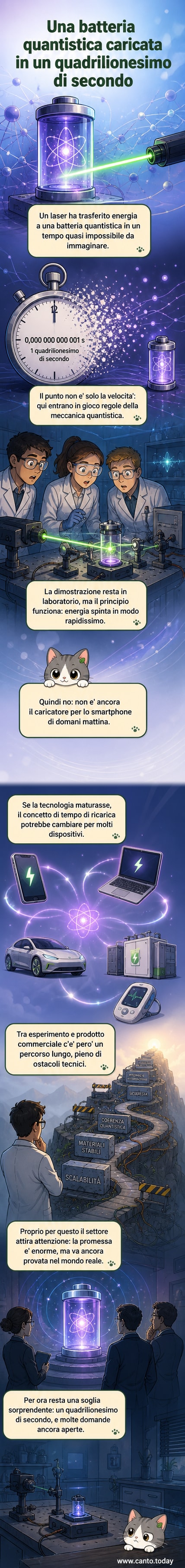 Illustrazione di una batteria quantistica ricaricata da un raggio laser, con effetti di energia subatomica e numeri che indicano frazioni di tempo estreme.