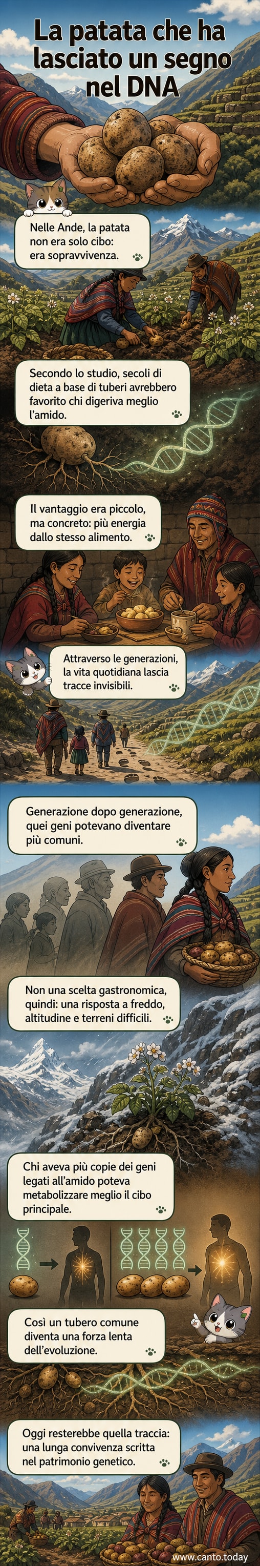Un campo di patate nelle Ande con un diagramma genetico che mostra l’aumento dei geni per la digestione dell’amido nel tempo.