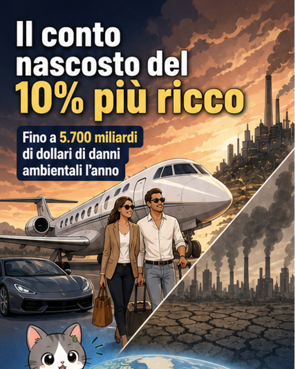 Illustrazione di un pianeta Terra con una grande impronta di mano ricca che lo copre parzialmente, mentre cifre come 5.700 miliardi di dollari e 10% appaiono in evidenza.